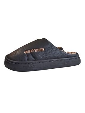 QueeyHome Men’s Faux Leather Slippers Warm Plush Lined House ShoesBlack Sz 40-41